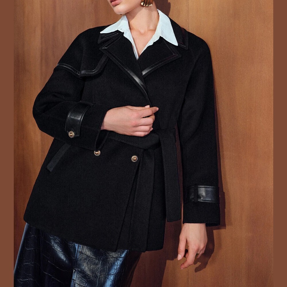 Black Wool-Blend Faux Leather Trim Belted Double Breasted Peacoat